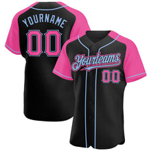Load image into Gallery viewer, Custom Black Pink-Light Blue Authentic Raglan Sleeves Baseball Jersey