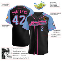 Load image into Gallery viewer, Custom Black Light Blue-Pink Authentic Raglan Sleeves Baseball Jersey