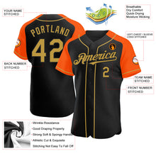 Load image into Gallery viewer, Custom Black Old Gold-Orange Authentic Raglan Sleeves Baseball Jersey