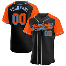 Load image into Gallery viewer, Custom Black Orange-Light Blue Authentic Raglan Sleeves Baseball Jersey