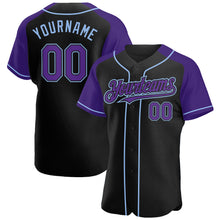 Load image into Gallery viewer, Custom Black Purple-Light Blue Authentic Raglan Sleeves Baseball Jersey
