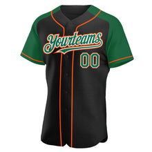 Load image into Gallery viewer, Custom Black Kelly Green-Orange Authentic Raglan Sleeves Baseball Jersey