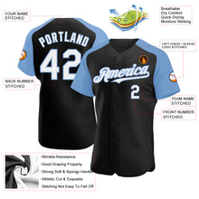 Load image into Gallery viewer, Custom Black White-Light Blue Authentic Raglan Sleeves Baseball Jersey
