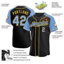 Load image into Gallery viewer, Custom Black Light Blue-Yellow Authentic Raglan Sleeves Baseball Jersey