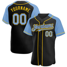 Load image into Gallery viewer, Custom Black Light Blue-Yellow Authentic Raglan Sleeves Baseball Jersey