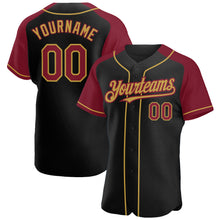 Load image into Gallery viewer, Custom Black Crimson-Old Gold Authentic Raglan Sleeves Baseball Jersey