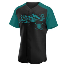 Load image into Gallery viewer, Custom Black Teal Authentic Raglan Sleeves Baseball Jersey