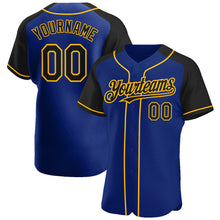 Load image into Gallery viewer, Custom Royal Black-Gold Authentic Raglan Sleeves Baseball Jersey