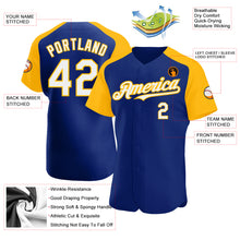 Load image into Gallery viewer, Custom Royal White-Gold Authentic Raglan Sleeves Baseball Jersey