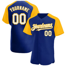 Load image into Gallery viewer, Custom Royal White-Gold Authentic Raglan Sleeves Baseball Jersey