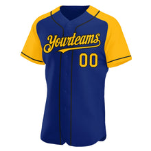 Load image into Gallery viewer, Custom Royal Gold-Black Authentic Raglan Sleeves Baseball Jersey