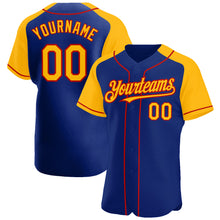 Load image into Gallery viewer, Custom Royal Gold-Red Authentic Raglan Sleeves Baseball Jersey