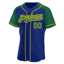 Load image into Gallery viewer, Custom Royal Kelly Green-Yellow Authentic Raglan Sleeves Baseball Jersey