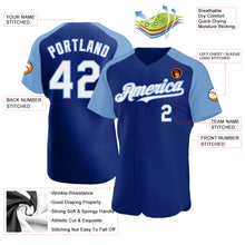 Load image into Gallery viewer, Custom Royal White-Light Blue Authentic Raglan Sleeves Baseball Jersey