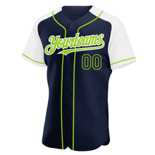 Load image into Gallery viewer, Custom Navy White-Neon Green Authentic Raglan Sleeves Baseball Jersey