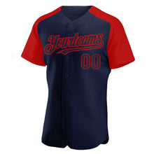 Load image into Gallery viewer, Custom Navy Red Authentic Raglan Sleeves Baseball Jersey