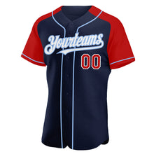 Load image into Gallery viewer, Custom Navy Red-Light Blue Authentic Raglan Sleeves Baseball Jersey