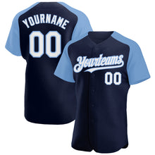 Load image into Gallery viewer, Custom Navy White-Light Blue Authentic Raglan Sleeves Baseball Jersey