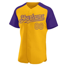 Load image into Gallery viewer, Custom Gold Purple Authentic Raglan Sleeves Baseball Jersey