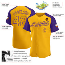 Load image into Gallery viewer, Custom Gold Purple Authentic Raglan Sleeves Baseball Jersey