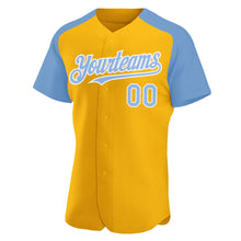 Load image into Gallery viewer, Custom Gold Light Blue-White Authentic Raglan Sleeves Baseball Jersey