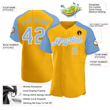 Load image into Gallery viewer, Custom Gold Light Blue-White Authentic Raglan Sleeves Baseball Jersey