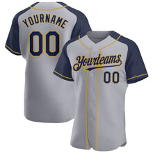 Load image into Gallery viewer, Custom Gray Navy-Old Gold Authentic Raglan Sleeves Baseball Jersey