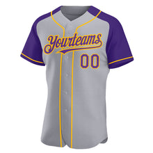 Load image into Gallery viewer, Custom Gray Purple-Gold Authentic Raglan Sleeves Baseball Jersey