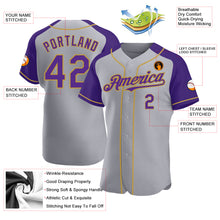 Load image into Gallery viewer, Custom Gray Purple-Old Gold Authentic Raglan Sleeves Baseball Jersey