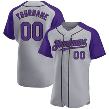 Load image into Gallery viewer, Custom Gray Purple-Black Authentic Raglan Sleeves Baseball Jersey