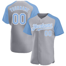 Load image into Gallery viewer, Custom Gray Light Blue-White Authentic Raglan Sleeves Baseball Jersey
