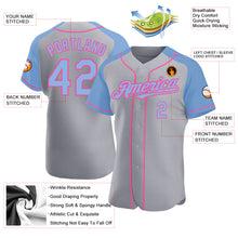 Load image into Gallery viewer, Custom Gray Light Blue-Pink Authentic Raglan Sleeves Baseball Jersey