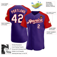 Load image into Gallery viewer, Custom Purple White-Red Authentic Raglan Sleeves Baseball Jersey