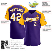 Load image into Gallery viewer, Custom Purple White-Gold Authentic Raglan Sleeves Baseball Jersey