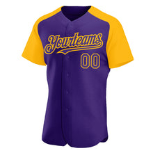 Load image into Gallery viewer, Custom Purple Gold Authentic Raglan Sleeves Baseball Jersey