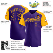 Load image into Gallery viewer, Custom Purple Gold Authentic Raglan Sleeves Baseball Jersey