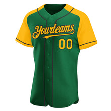 Load image into Gallery viewer, Custom Kelly Green Gold-Black Authentic Raglan Sleeves Baseball Jersey