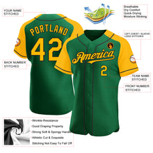 Load image into Gallery viewer, Custom Kelly Green Gold-Black Authentic Raglan Sleeves Baseball Jersey