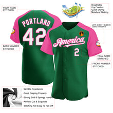 Load image into Gallery viewer, Custom Kelly Green White-Pink Authentic Raglan Sleeves Baseball Jersey