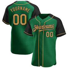 Load image into Gallery viewer, Custom Kelly Green Old Gold-Black Authentic Raglan Sleeves Baseball Jersey