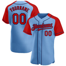 Load image into Gallery viewer, Custom Light Blue Red-Navy Authentic Raglan Sleeves Baseball Jersey