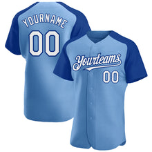 Load image into Gallery viewer, Custom Light Blue White-Royal Authentic Raglan Sleeves Baseball Jersey