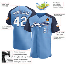 Load image into Gallery viewer, Custom Light Blue White-Navy Authentic Raglan Sleeves Baseball Jersey