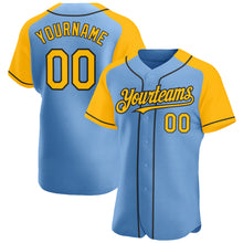 Load image into Gallery viewer, Custom Light Blue Gold-Black Authentic Raglan Sleeves Baseball Jersey
