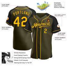 Load image into Gallery viewer, Custom Olive Gold-Black Authentic Raglan Sleeves Salute To Service Baseball Jersey