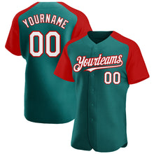 Load image into Gallery viewer, Custom Teal White-Red Authentic Raglan Sleeves Baseball Jersey