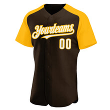 Load image into Gallery viewer, Custom Brown White-Gold Authentic Raglan Sleeves Baseball Jersey