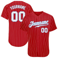 Load image into Gallery viewer, Custom Red White Pinstripe White-Light Blue Authentic Baseball Jersey