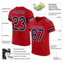 Load image into Gallery viewer, Custom Red Navy-Old Gold Mesh Authentic Football Jersey