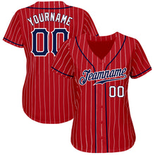 Load image into Gallery viewer, Custom Red White Pinstripe Navy-White Authentic Baseball Jersey